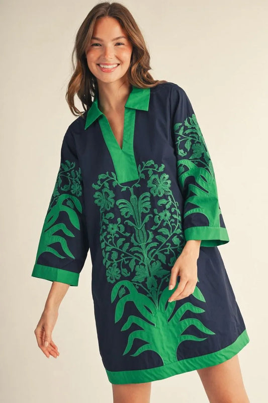 Jodifil - Dress - Mini 3/4 Sleeves Baroque Floral - Navy Green - Findlay Rowe Designs