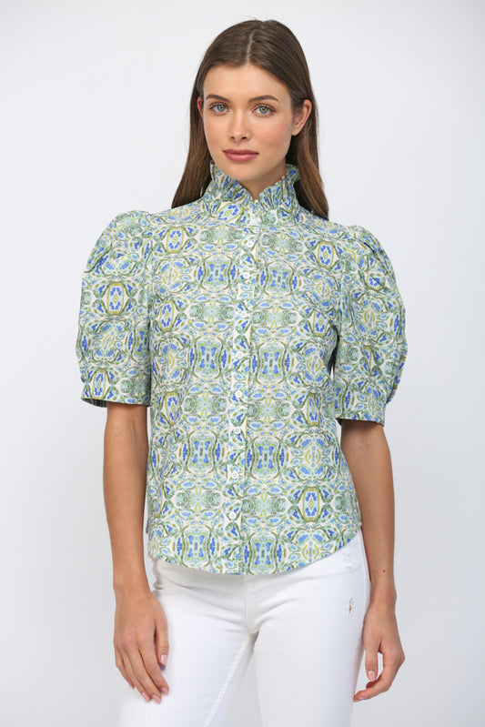 Top - Ruffle Neck Puff Sleeve - Green Blue - Findlay Rowe Designs