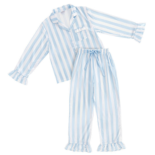 Pajama Set - Full-Length Ruffled - Spa Blue Cabana Stripe