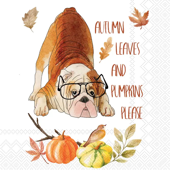Cocktail Napkins - Bulldog Autumn Leaves Pumpkins Please