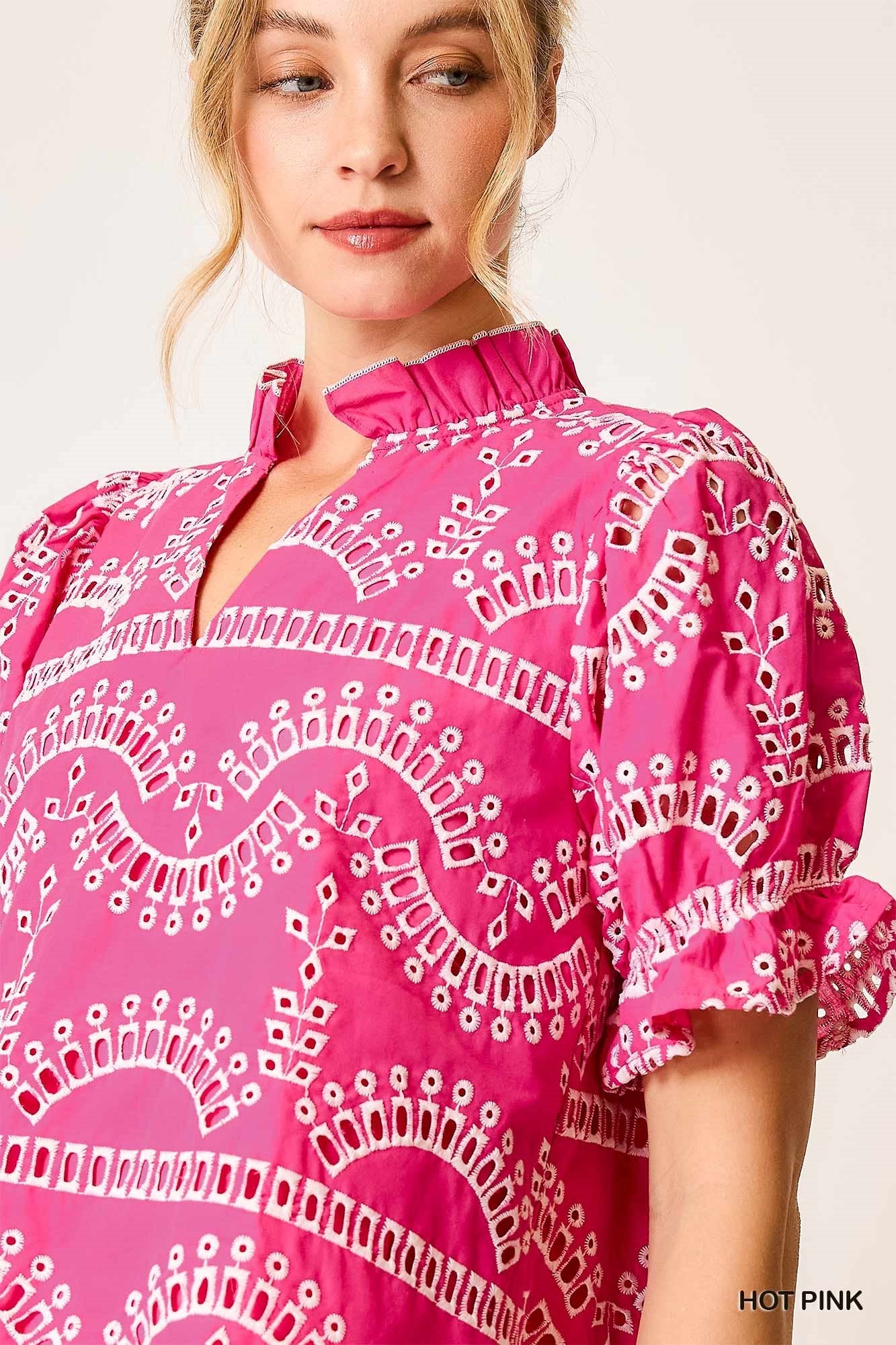 Umgee - Top - Embroidered Puff Sleeve Blouse - Off White Blue