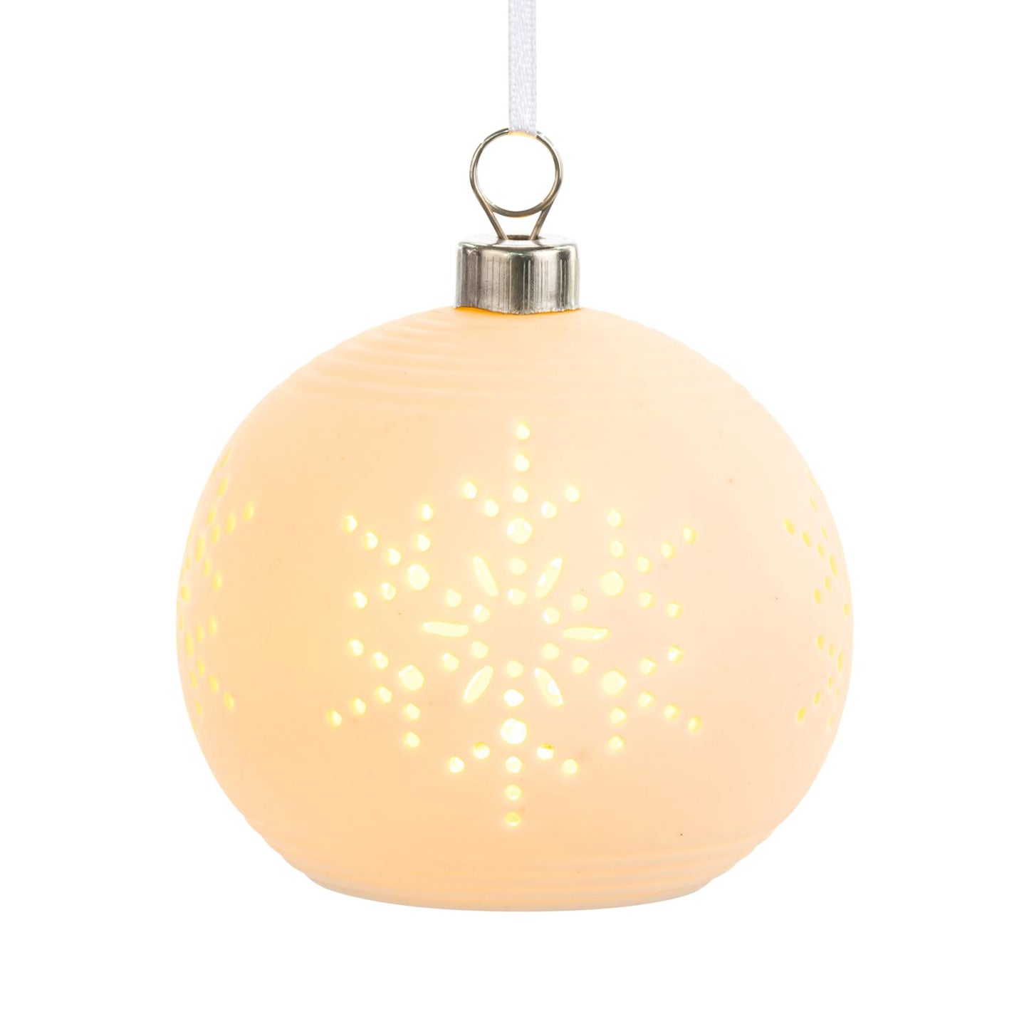 Ornament - White LED Ceramic Snowflake - Round - 4in