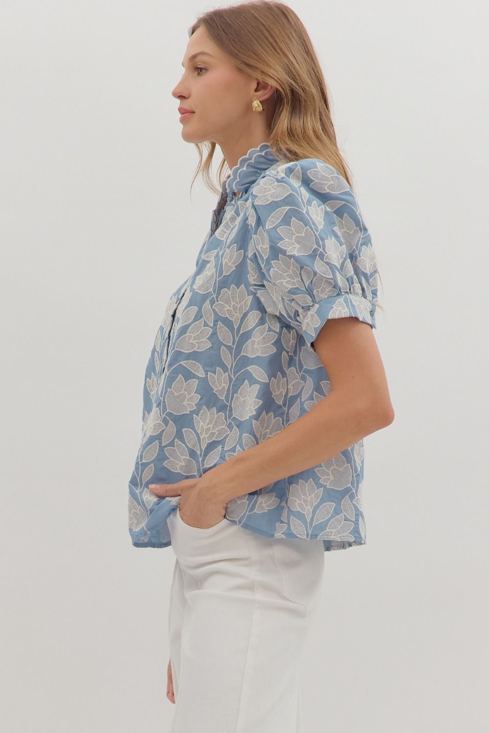 Entro - Top - Botanical Embroidery Puff Sleeve - Chambray - Findlay Rowe Designs