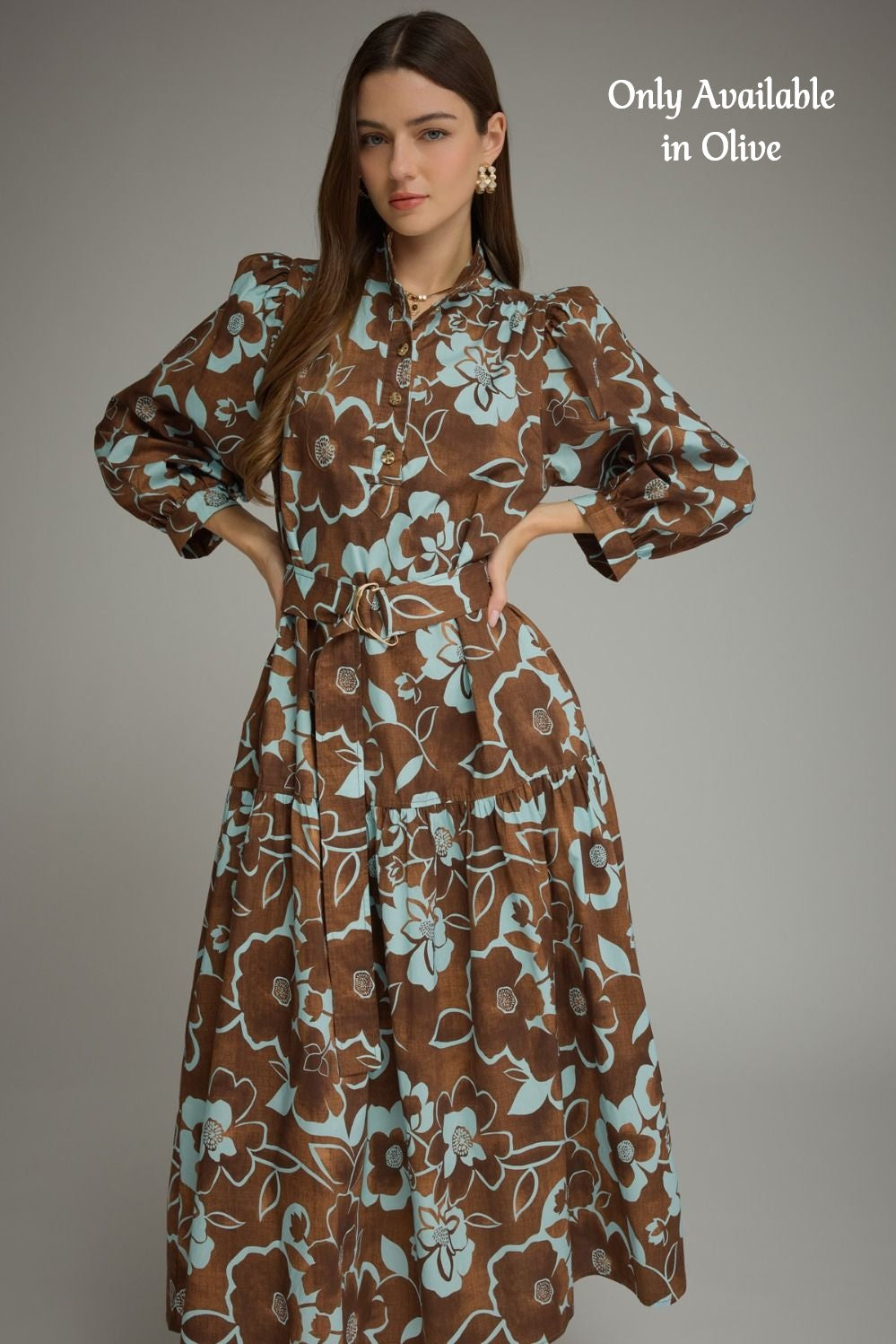 Entro - Dress - Midi Long Sleeve Tiered Skirt - Olive Floral - Findlay Rowe Designs