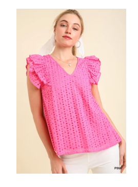 Umgee - Top - Lined V-Neck Eyelet Top Flutter Sleeves - Pink