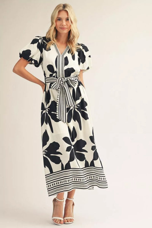 Jodifil - Dress - Midi Tropical Puff Sleeve - Black White - Findlay Rowe Designs