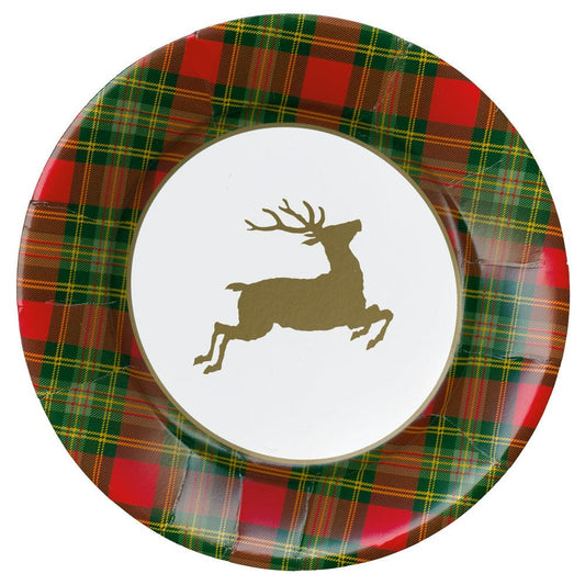 Caspari - Dinner Plates - Reindeer Tartan Red