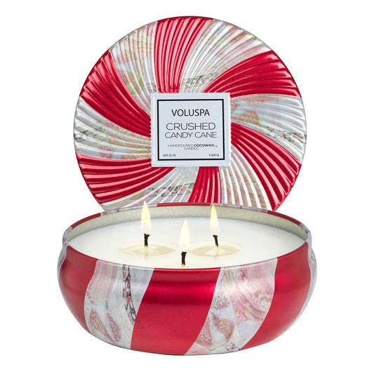 Voluspa - 3 Wick Tin Candle - Crushed Candy Cane - Findlay Rowe Designs