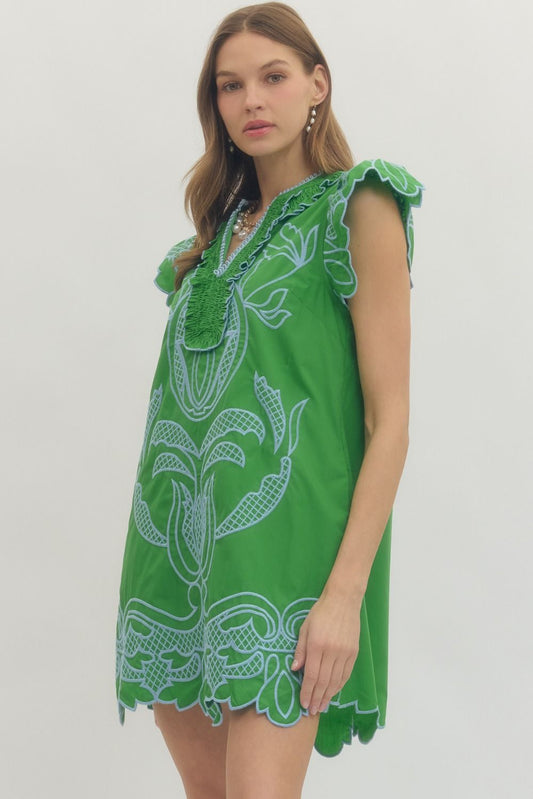 ntro - Dress - Mini Embroidered V-neck - Green - Findlay Rowe Designs