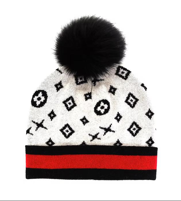 Beanie - Fox PomPom - Luxury Monogram Pattern
