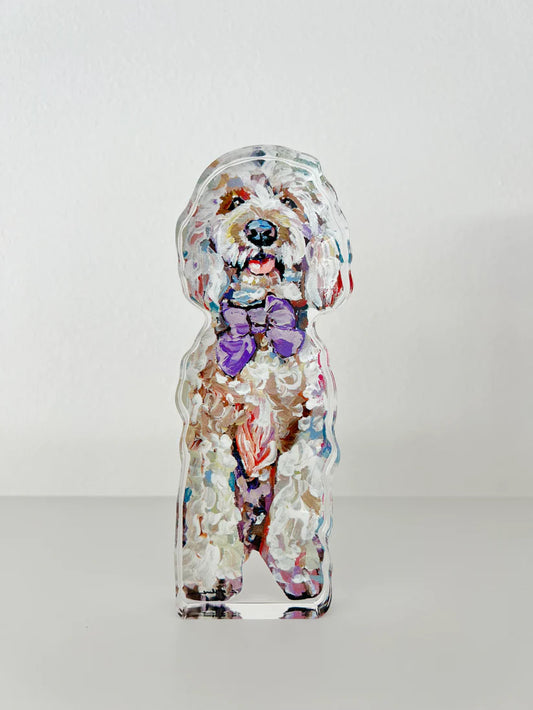 Chelsea McShane - acrylic block - Golden doodle Pink Bow - Findlay Rowe Designs