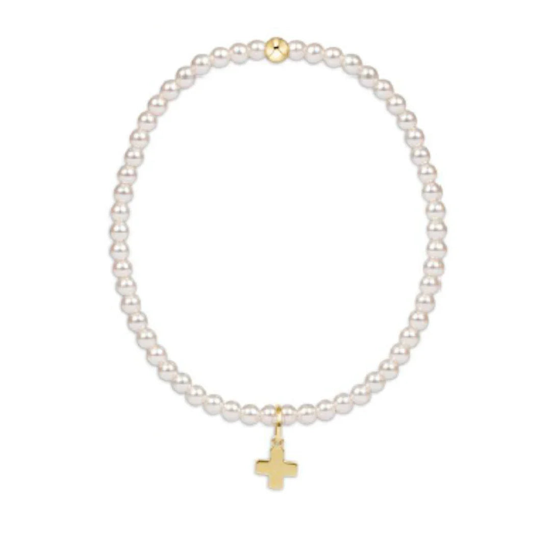 Enewton - Extends Classic 3mm Pearl Bead Bracelet - Gold Signature Cross Charm