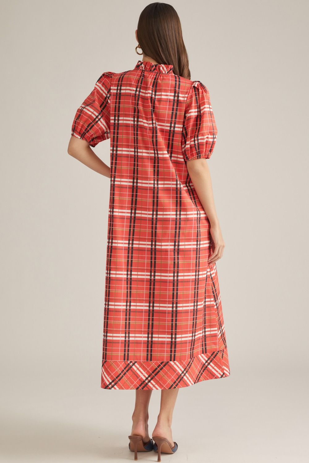 Entro - Dress - Midi Puff Sleeve - Red Black Plaid - Findlay Rowe Designs