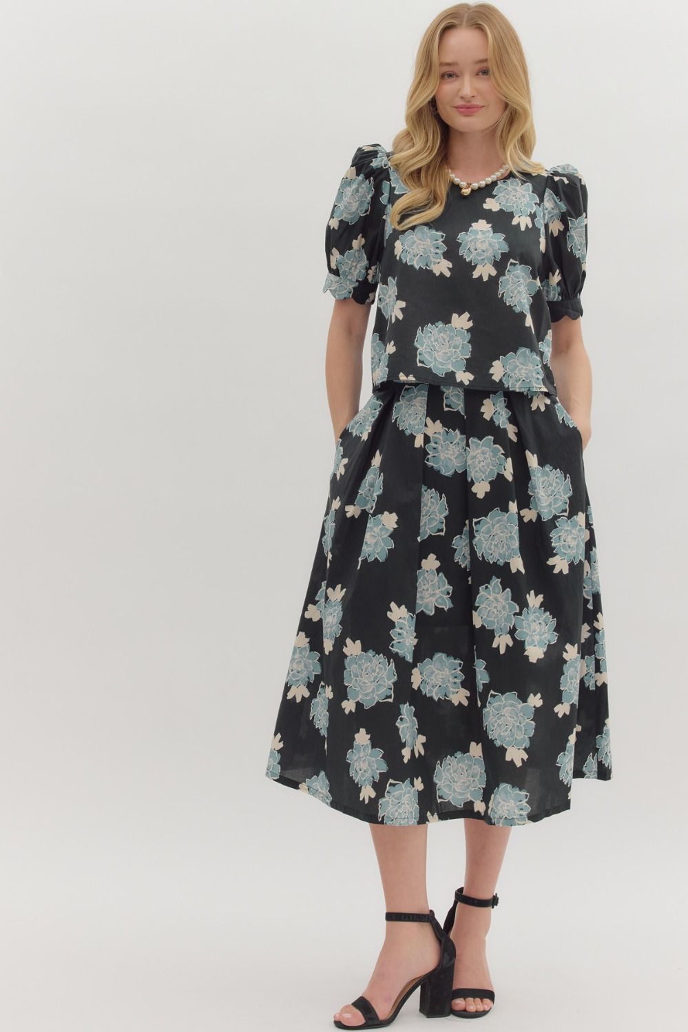Top - Floral Print Puff Shoulder - Black - Findlay Rowe Designs