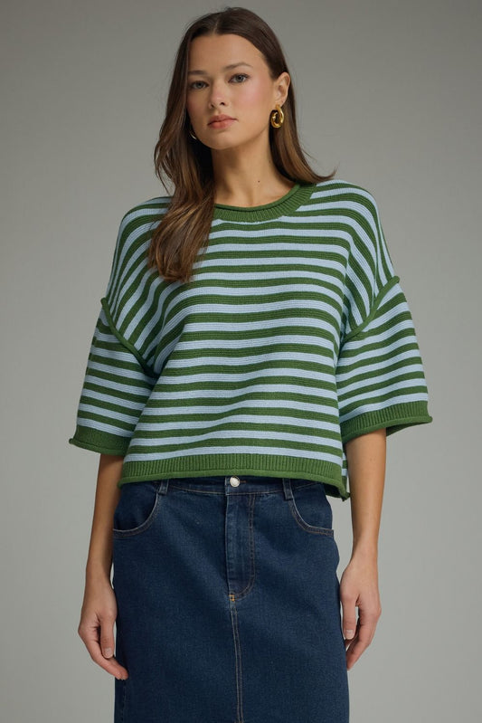Entro - Top - Short Sleeve Sweater - Green Lt Blue Stripe - Findlay Rowe Designs