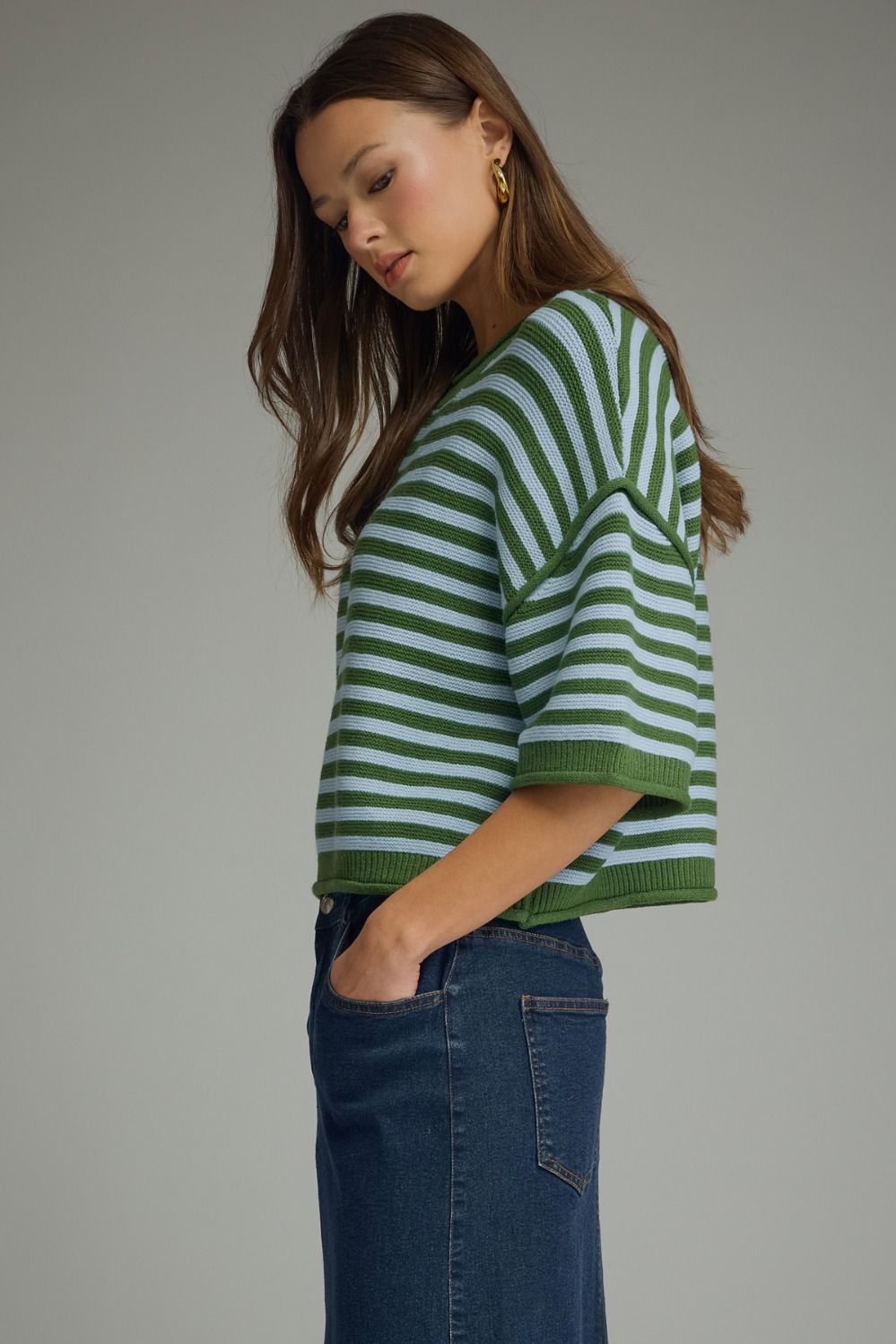 Entro - Top - Short Sleeve Sweater - Green Lt Blue Stripe - Findlay Rowe Designs