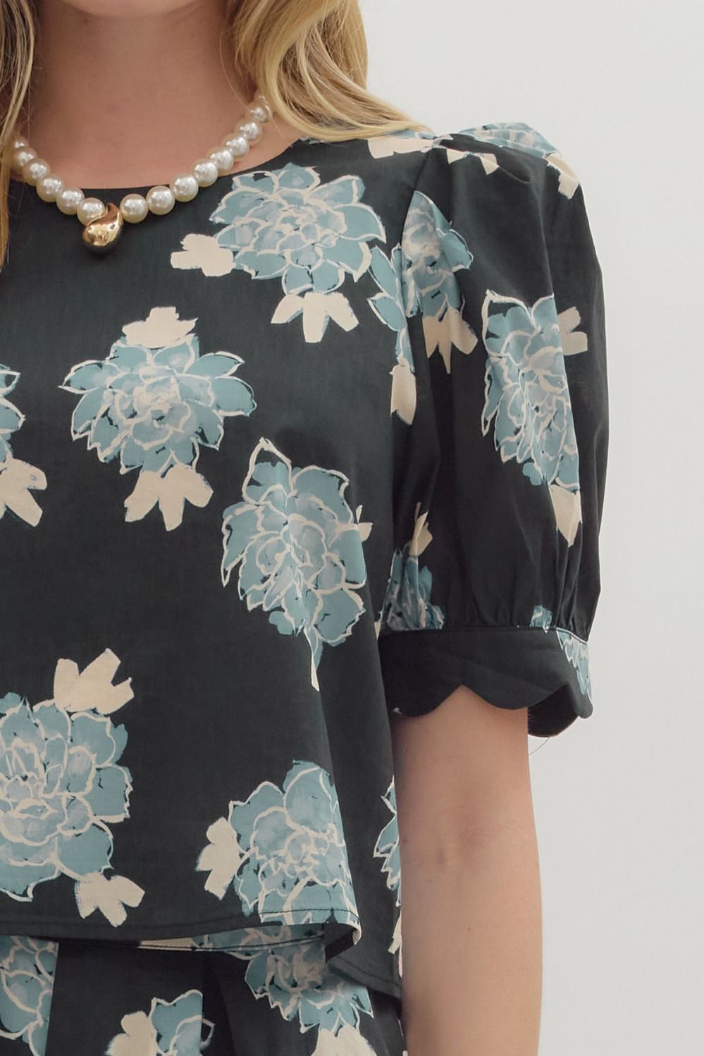 Top - Floral Print Puff Shoulder - Black - Findlay Rowe Designs