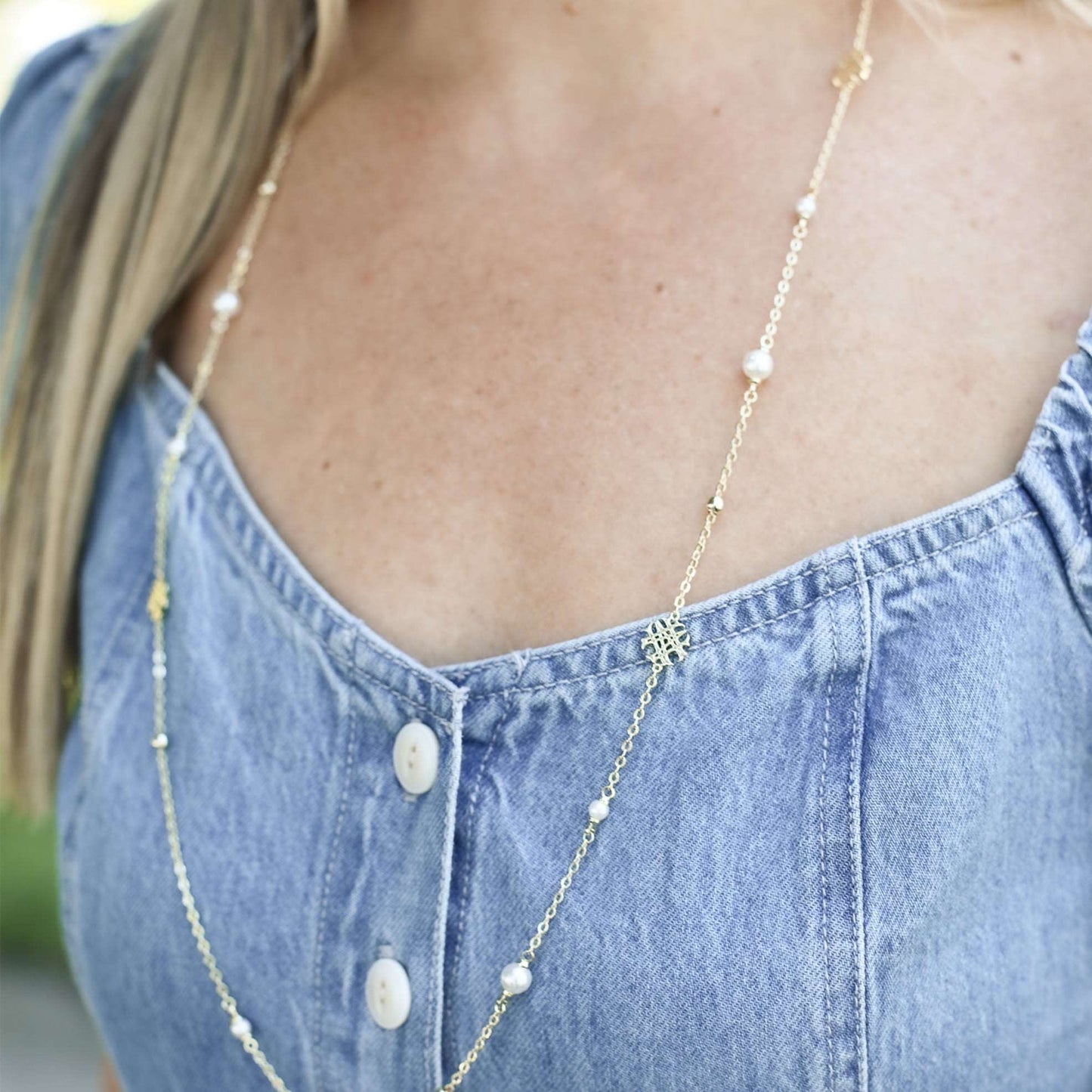 Natalie Wood - Adorned Pearl Logo Station Necklace in Gold - Findlay Rowe Designs