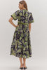 Entro - Dress - Floral Contrast Trim Midi - Navy Green