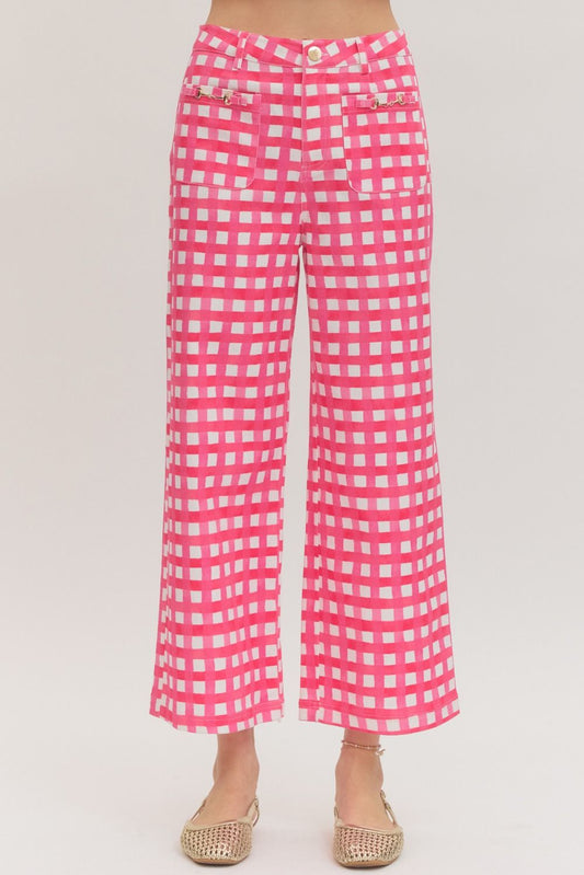 Entro - Pants - Ankle Length Plaid - Horsebit Accent - Pink White - Findlay Rowe Designs