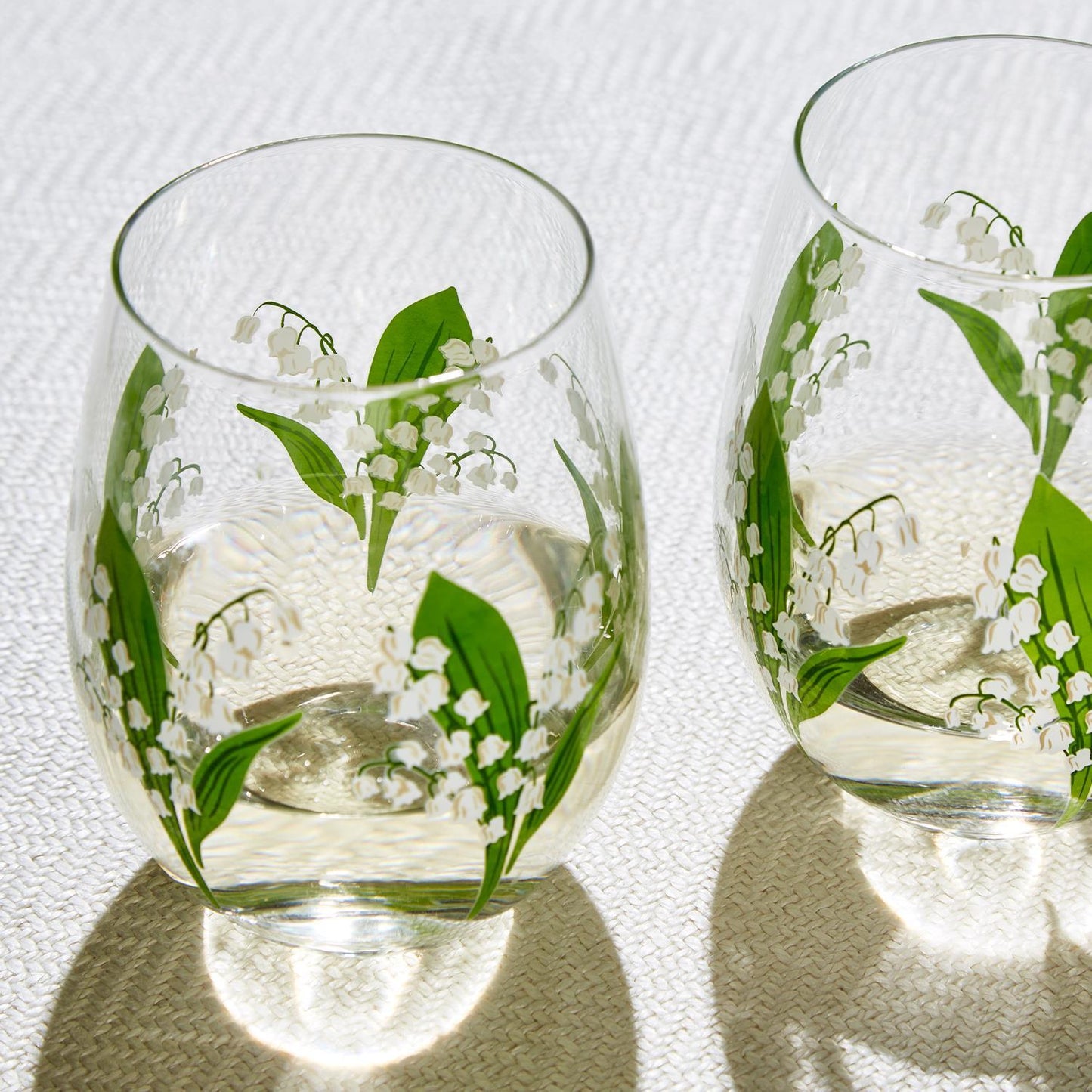 Two's Company- Lily of the Valley Stemless Wine Glass - Findlay Rowe Designs