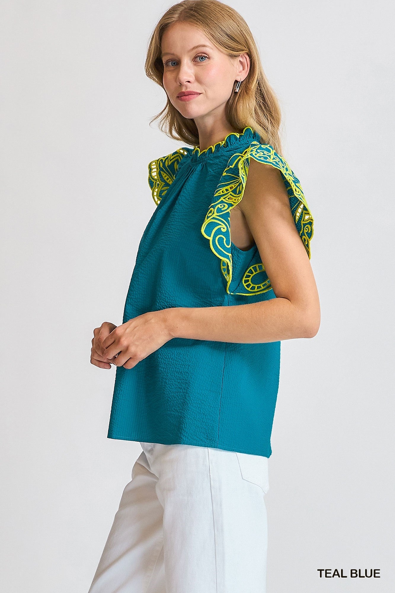 Umgee - Top - Embroidered Flutter Sleeve Blouse - Hot Pink