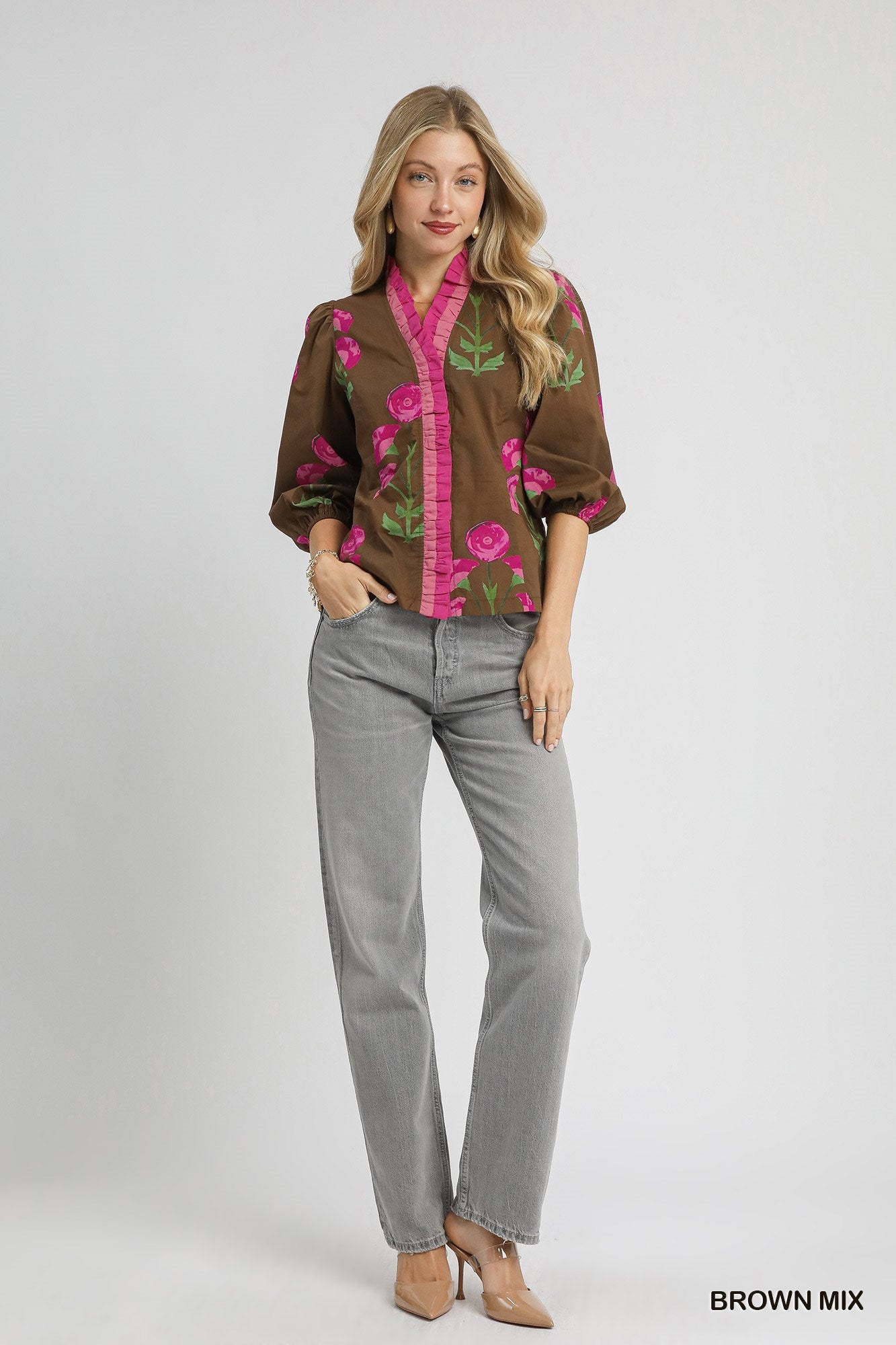 Umgee - Top - Floral Print Ruffle - Brown Mix