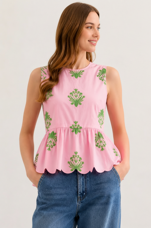Entro - Top - Sleeveless Botanical Embroidered Scallop Hem - Pink - Findlay Rowe Designs