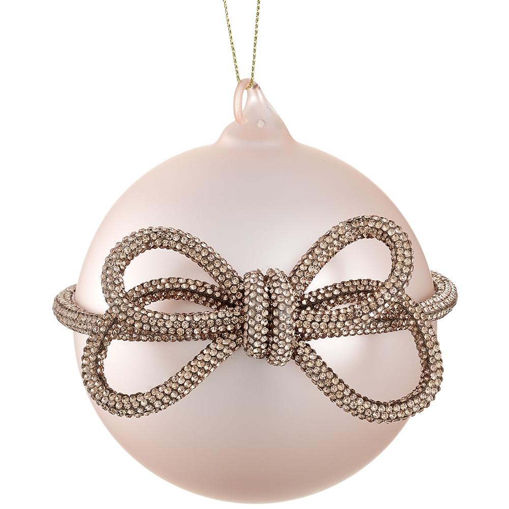 Ornament - 4" Glass Ball - Diamond Bow - Blush