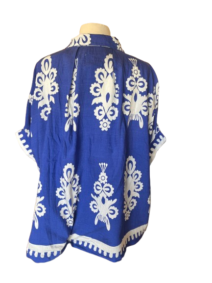 Top - Oversized Abstract Print Button Down - Cobalt - Findlay Rowe Designs