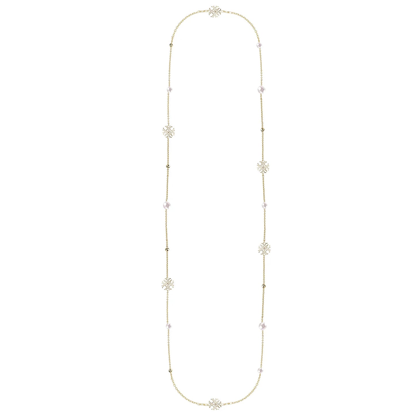 Natalie Wood - Adorned Pearl Logo Station Necklace in Gold - Findlay Rowe Designs