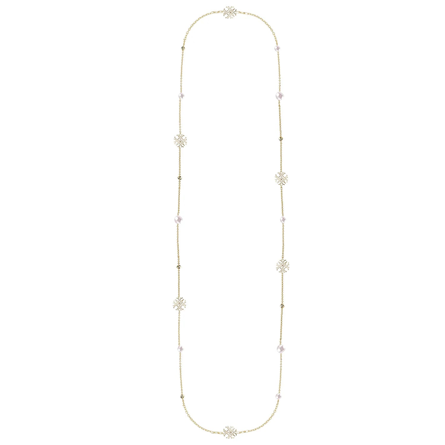 Natalie Wood - Adorned Pearl Logo Station Necklace in Gold - Findlay Rowe Designs