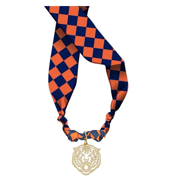Necklace - Orange and Navy Gameday Scarf - Gold Tiger Charm - Findlay Rowe Designs