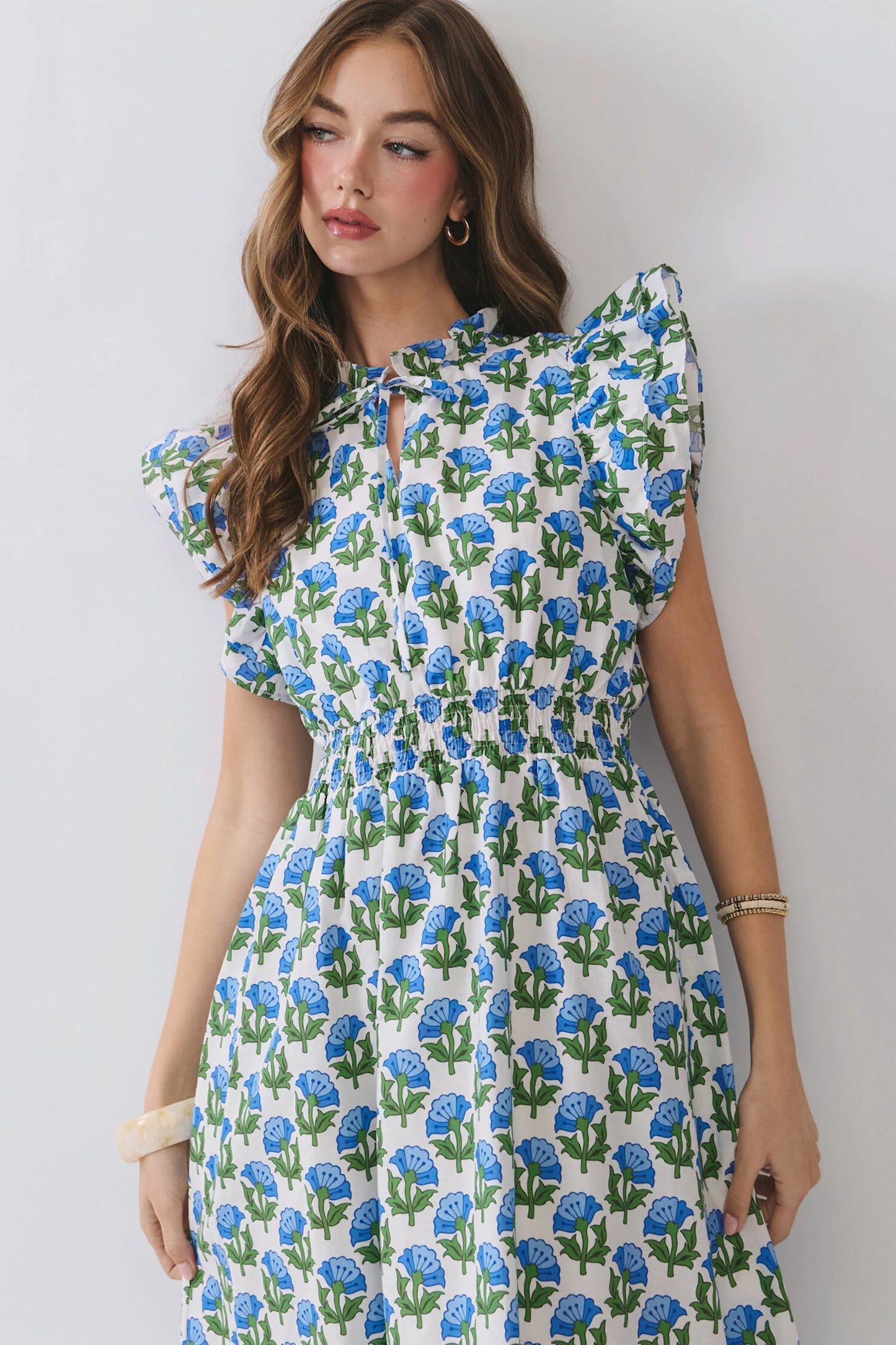 Dress - Midi Flutter Sleeve Tiered - Blue Floral - Findlay Rowe Designs