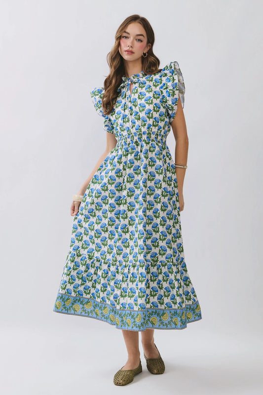 Dress - Midi Flutter Sleeve Tiered - Blue Floral - Findlay Rowe Designs