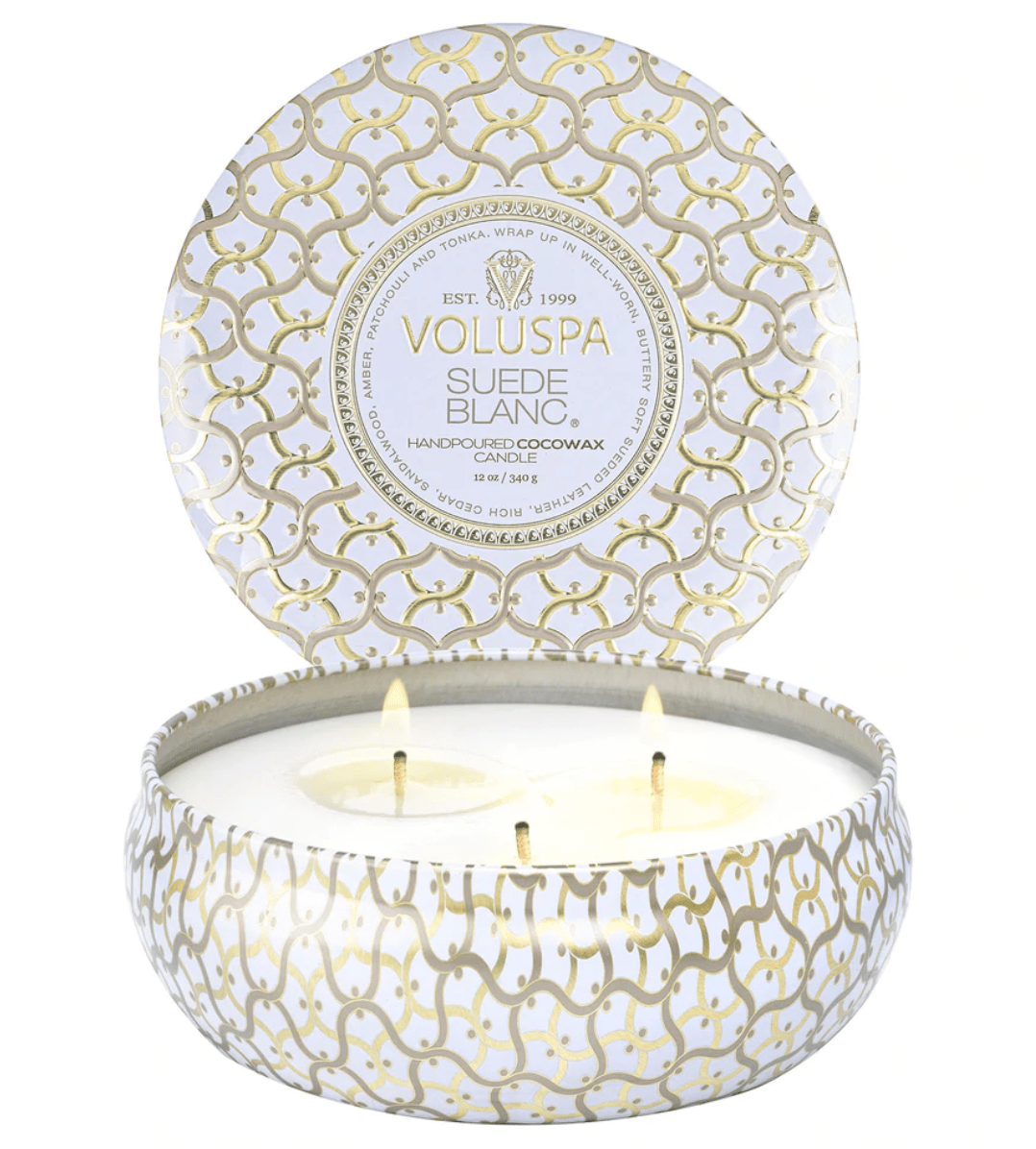Voluspa - 3 Wick Tin Candle - Suede Blanc 3 Wick Tin Candle - Findlay Rowe Designs