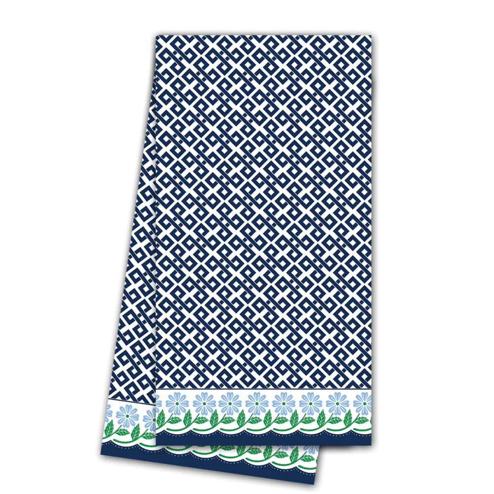 Towel - Floral Border + Navy Diamond Pattern - Findlay Rowe Designs