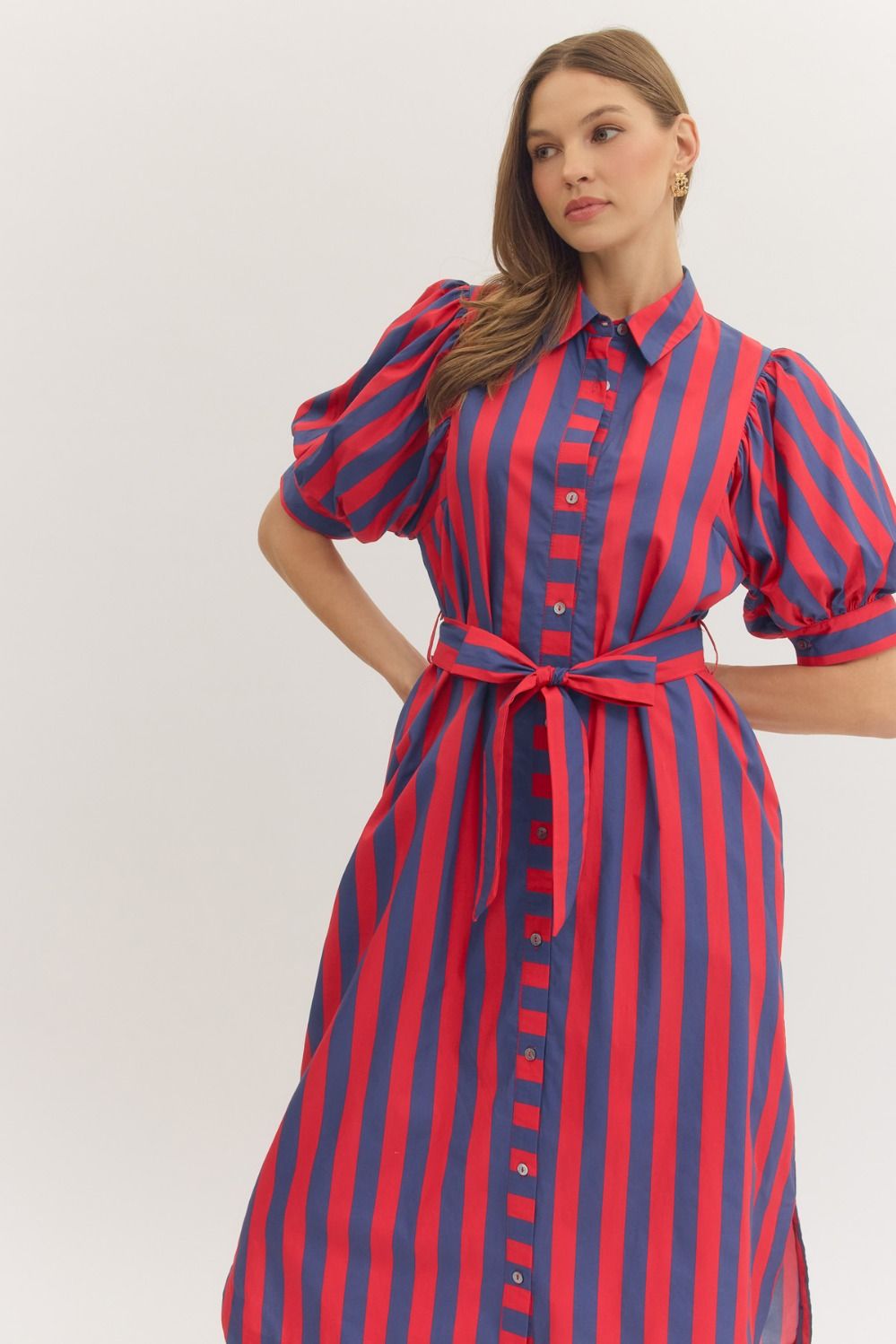 Entro - Dress - Midi  Button-down Striped - Red Navy - Findlay Rowe Designs