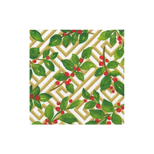 Caspari - Cocktail Napkins - Holly and Fretwork White