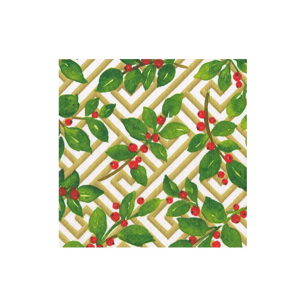 Caspari - Cocktail Napkins - Holly and Fretwork White