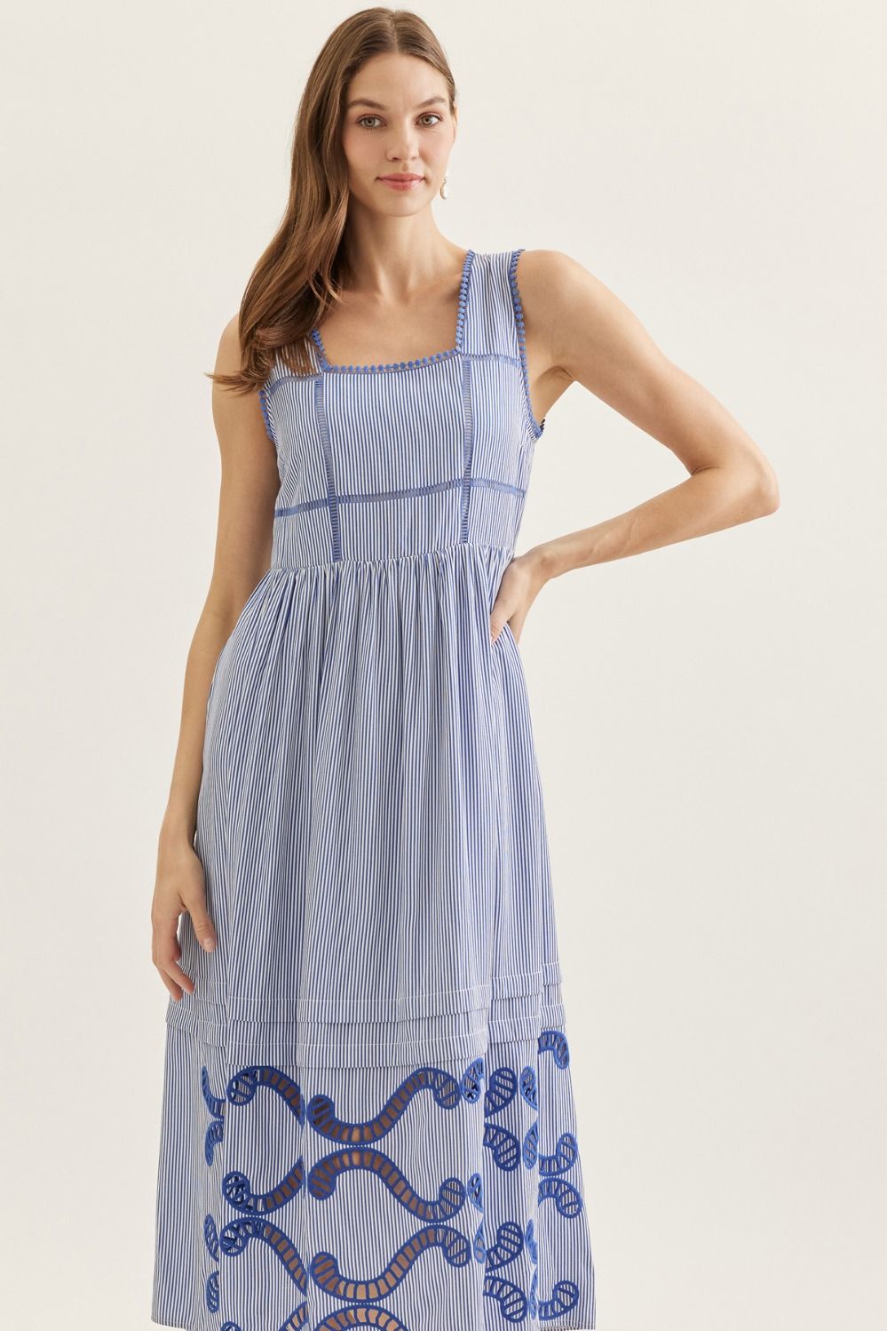 Entro - Dress - Midi Sleeveless Striped Cutout Embroidery - Navy - Findlay Rowe Designs