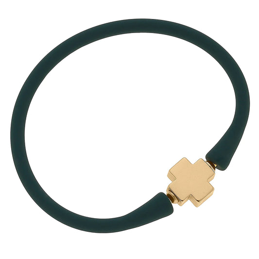 Bali 24K Gold Plated Cross Bead Silicone Bracelet in Hunter Green