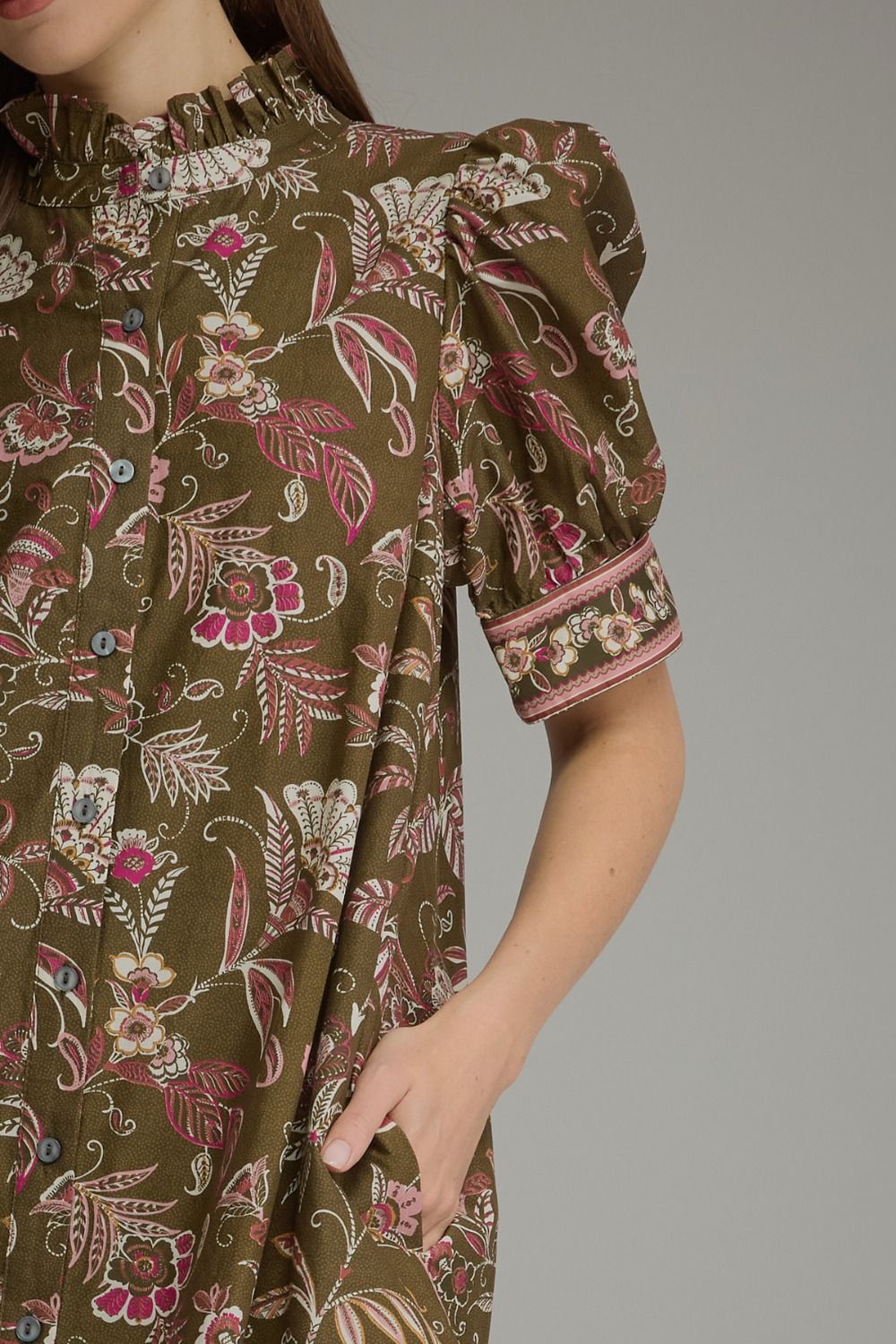 Entro - Dress - Midi Puff Sleeve High Neck - Olive - Findlay Rowe Designs