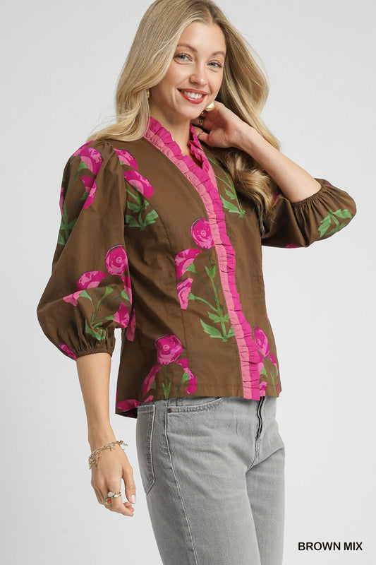 Umgee - Top - Floral Print Ruffle - Brown Mix