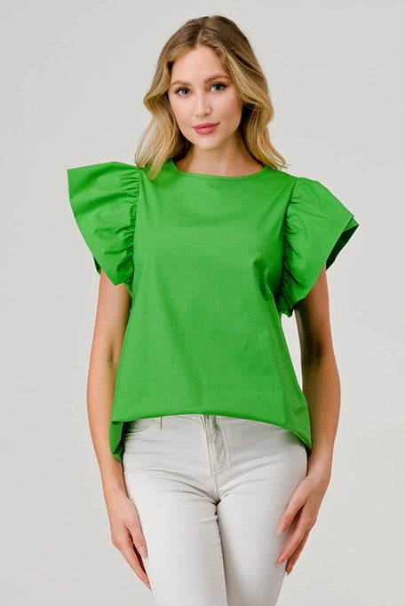 Poplin Exaggerated Ruffle Sleeve Top Kelly Green Findlay Rowe Designs