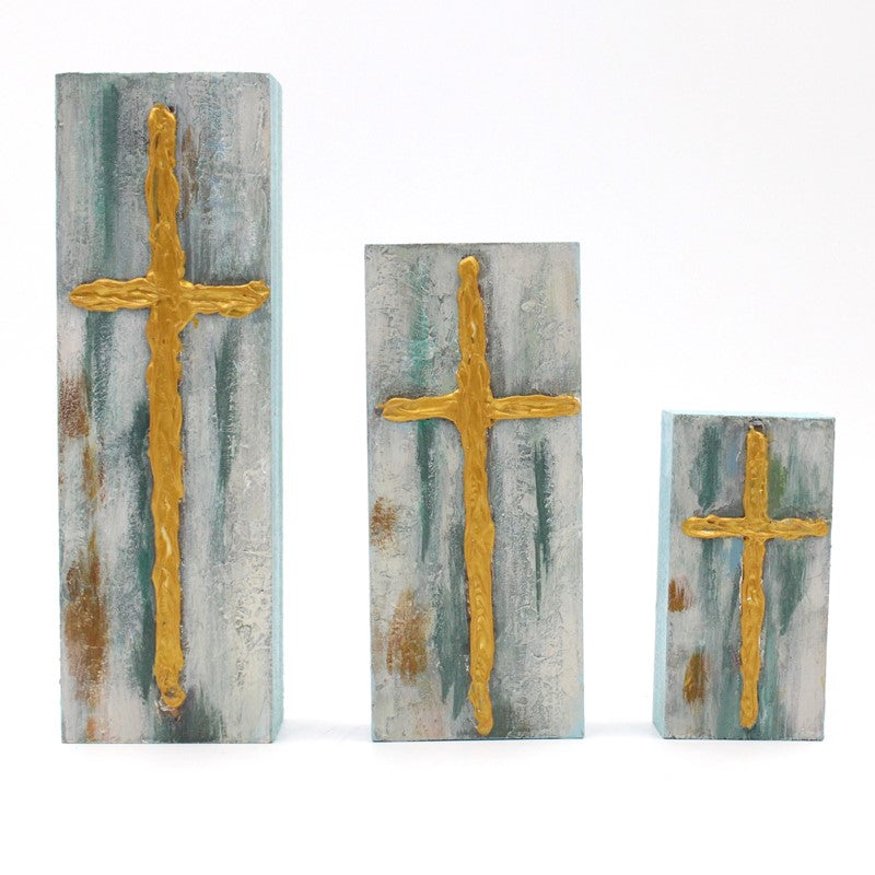 Cross - Handpainted Wood Blocks - Blues - Findlay Rowe Designs