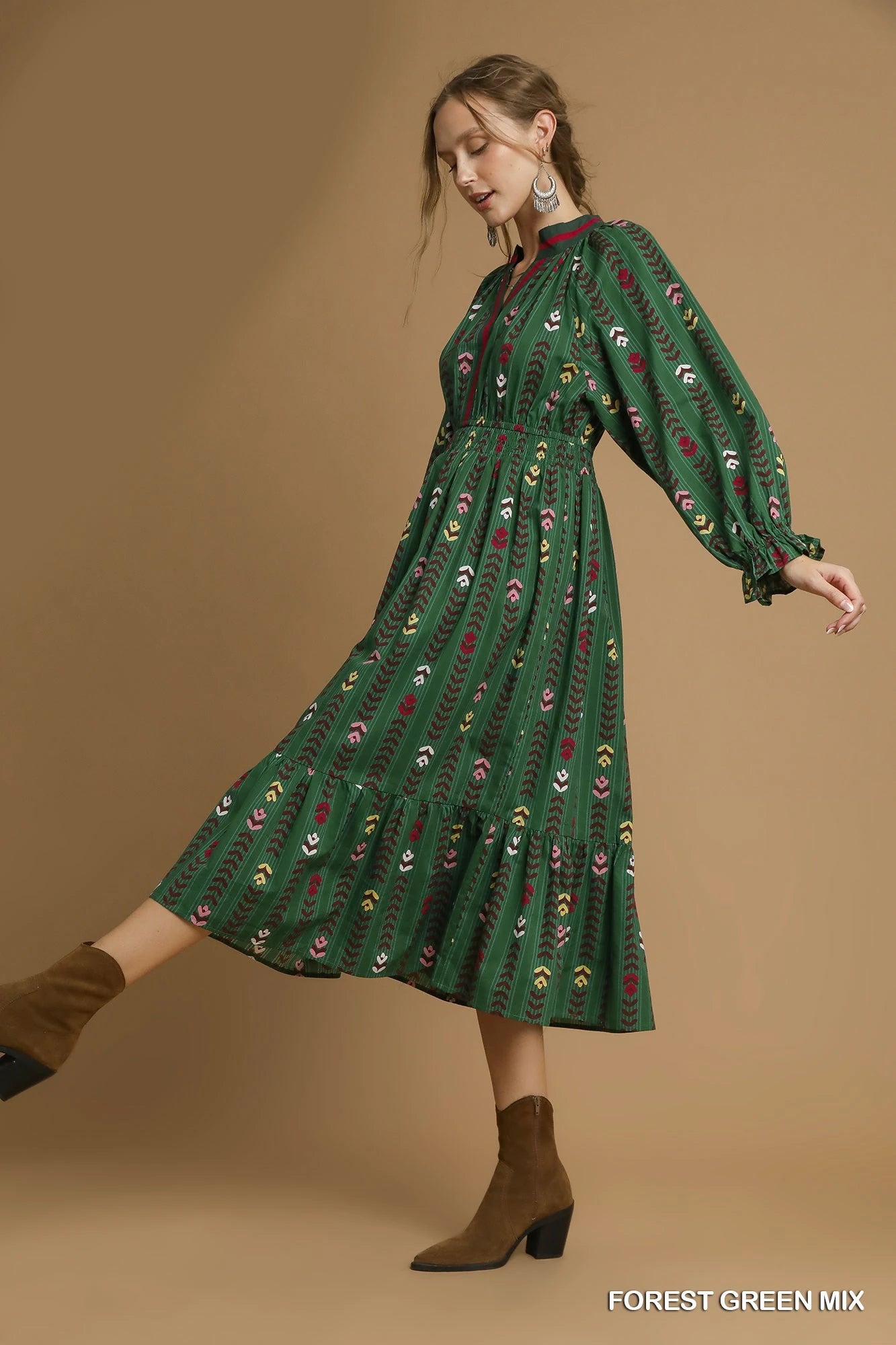 Umgee - Dress - Striped Floral Print Midi - Forest Green - Findlay Rowe Designs