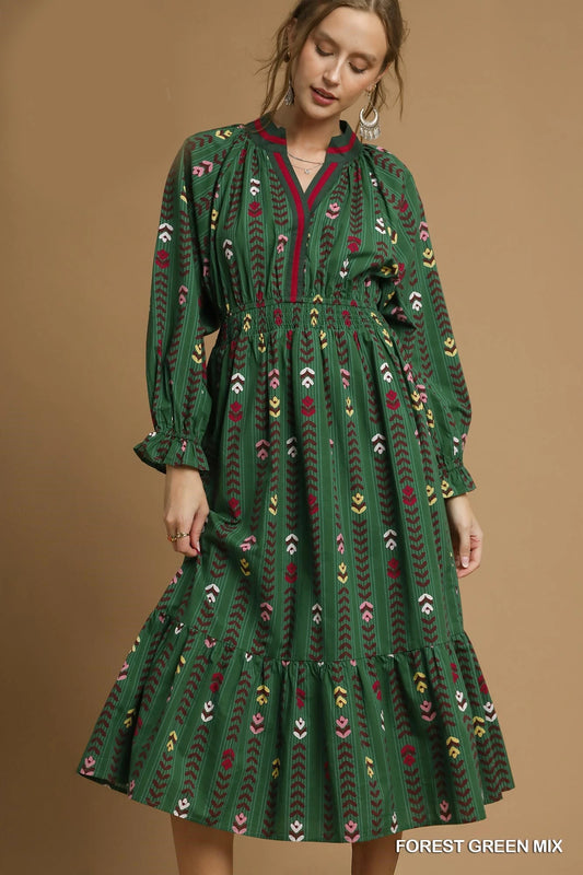 Umgee - Dress - Striped Floral Print Midi - Forest Green - Findlay Rowe Designs