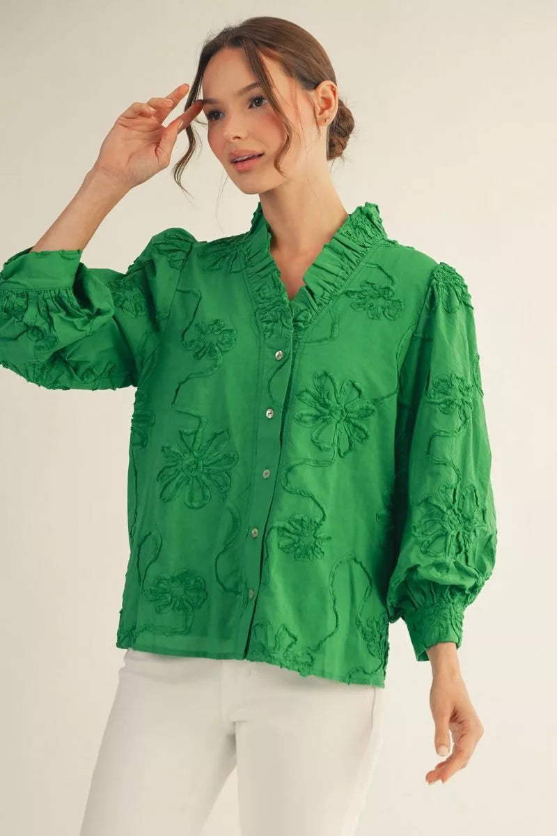 Jodifil - Top - Embroidered Ruffled Neckline - Kelly Green - Findlay Rowe Designs