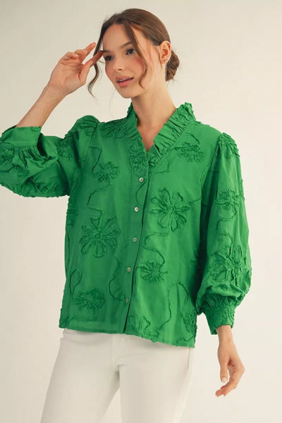Jodifil - Top - Embroidered Ruffled Neckline - Kelly Green